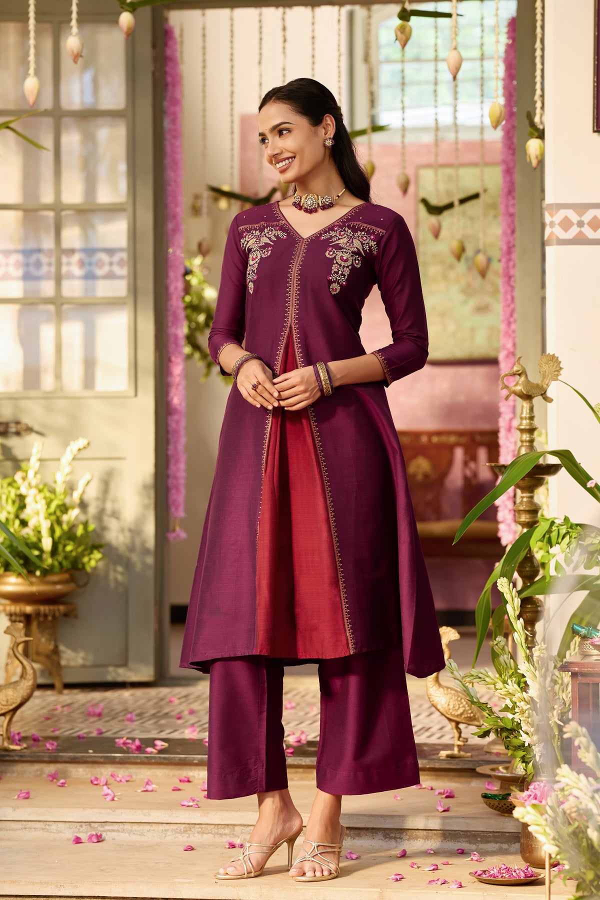 Burgundy Bird Embroidered A-Line Festive Kurta