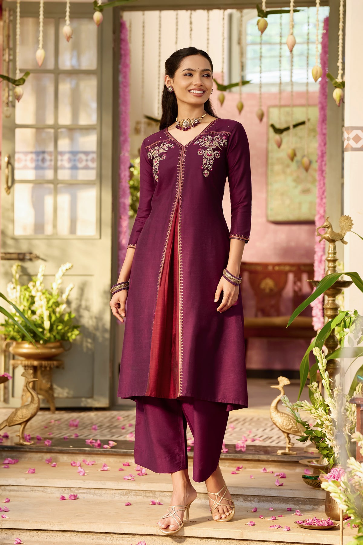 Burgundy Bird Embroidered A-Line Festive Kurta