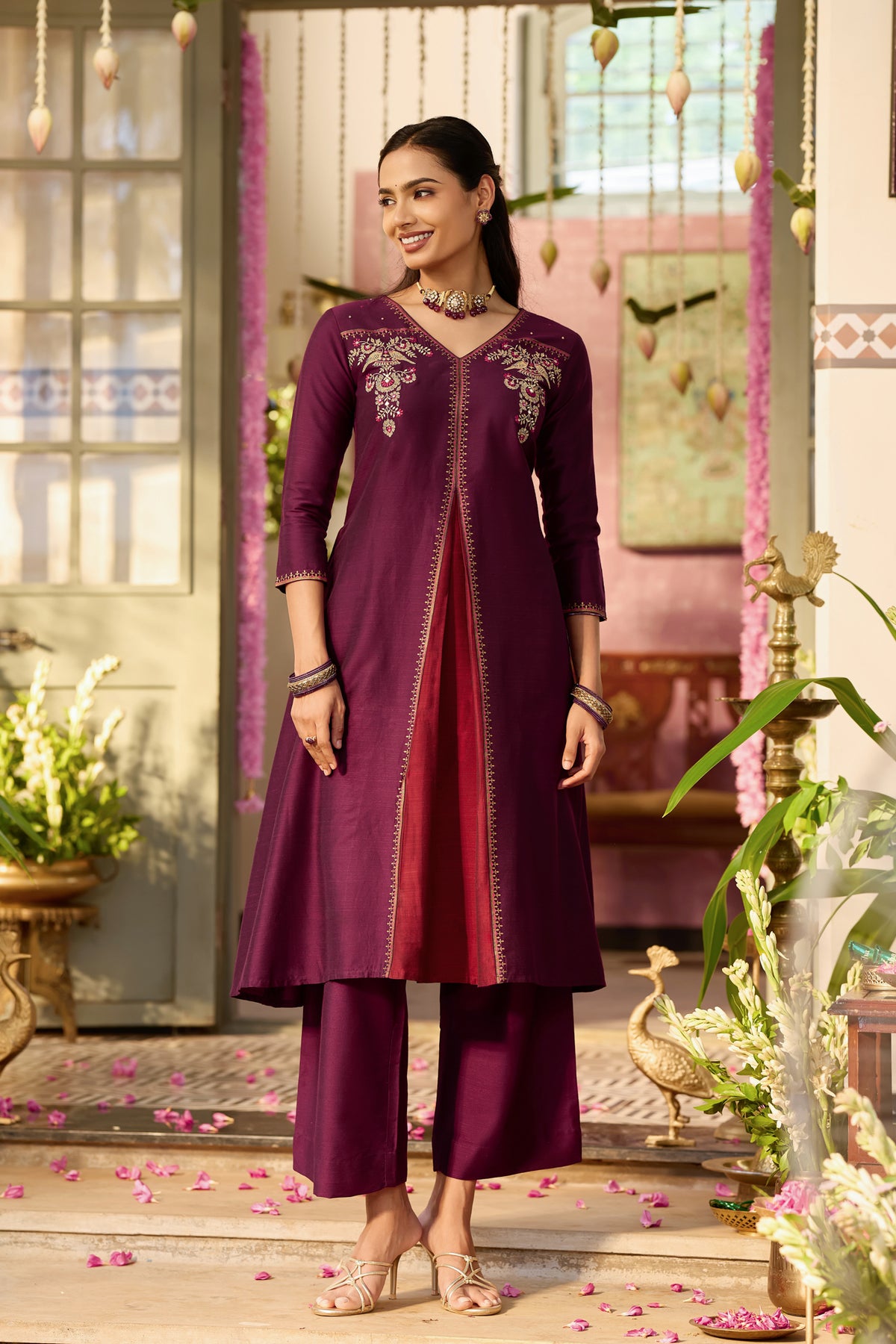 Burgundy Bird Embroidered A-Line Festive Kurta