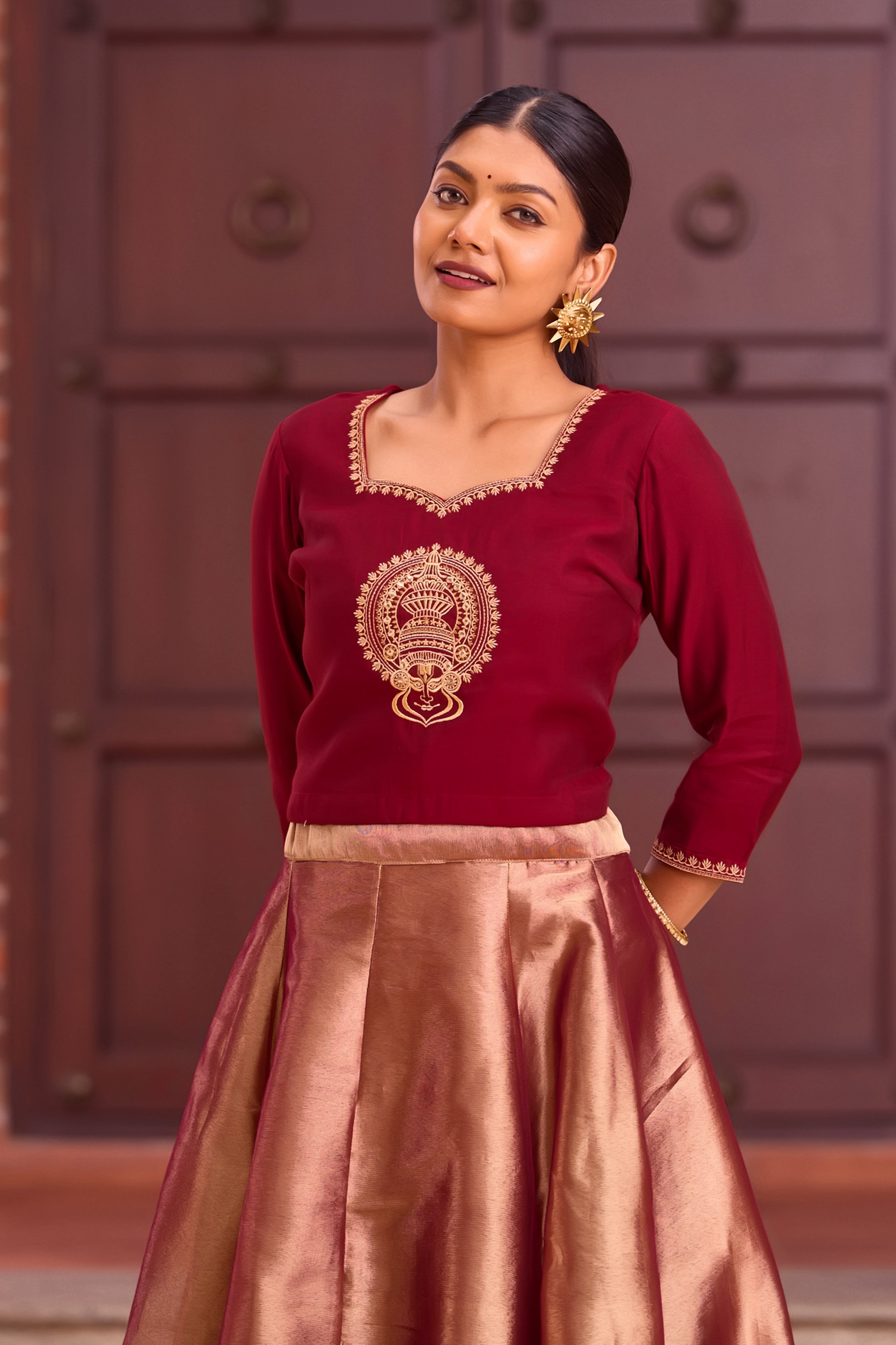 Maroon Kathakali Embroidered Crop Top With Foil Mirror Bronze