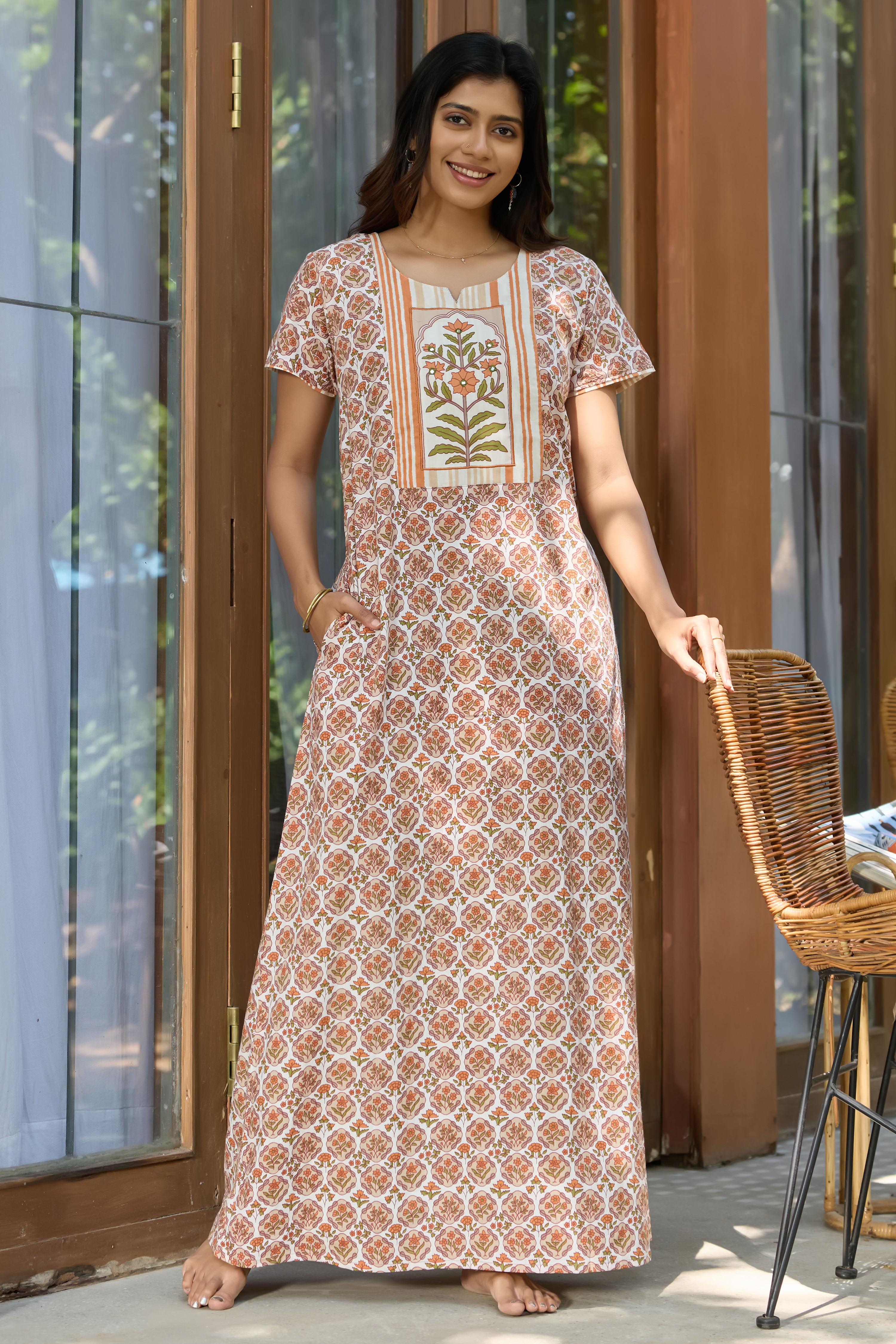 Orange Garden Floral Cotton Nighty with Mughal Floral Yoke