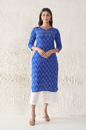 Ikkat Printed & Embroidered Cotton Blue Kurta