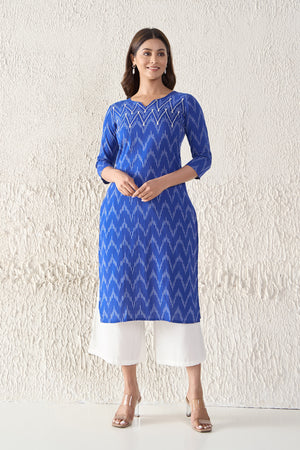 Ikkat Printed & Embroidered Cotton Blue Kurta