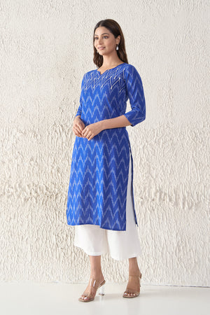 Ikkat Printed & Embroidered Cotton Blue Kurta
