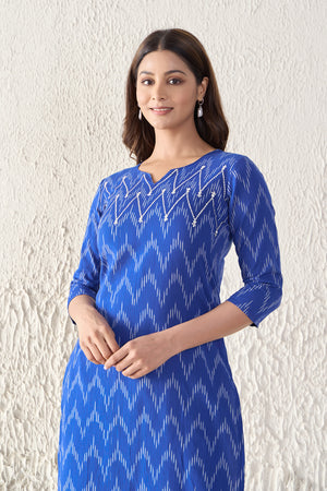 Ikkat Printed & Embroidered Cotton Blue Kurta