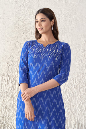 Ikkat Printed & Embroidered Cotton Blue Kurta