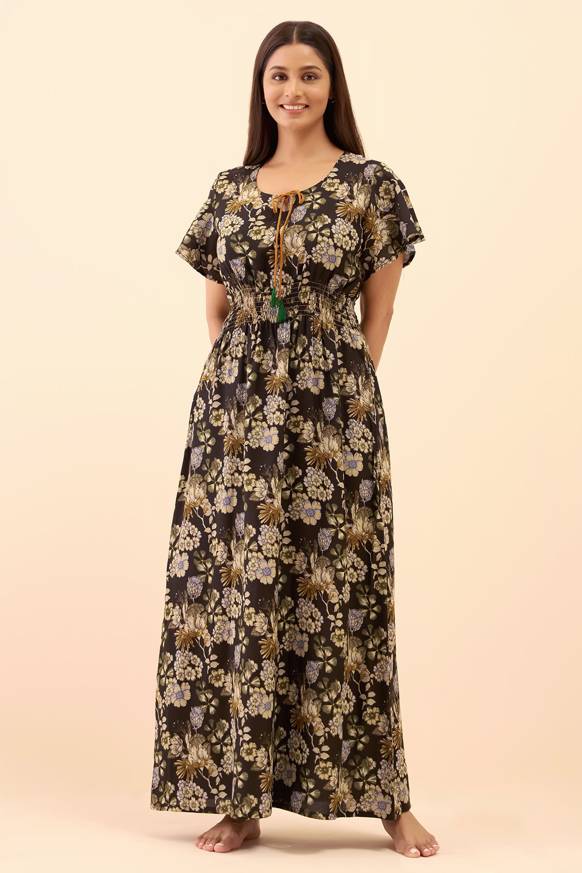 Floral Smocked Nighty with Waist Tie-Up - Black