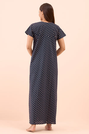 Geometric Floral Printed Nighty - Navy Blue