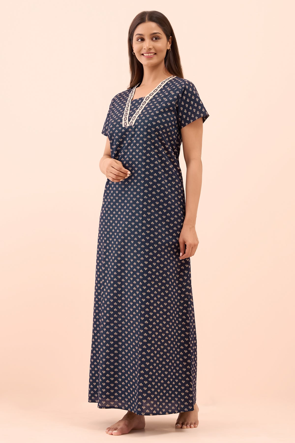 Geometric Floral Printed Nighty - Navy Blue