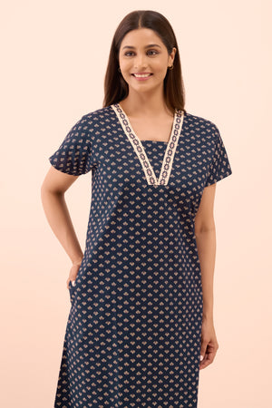 Geometric Floral Printed Nighty - Navy Blue