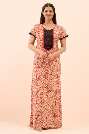 Batik Printed Nighty with Foil Mirror Embellishment - Maroon