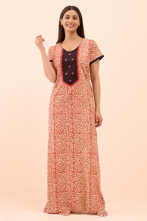 Batik Printed Nighty with Foil Mirror Embellishment - Maroon
