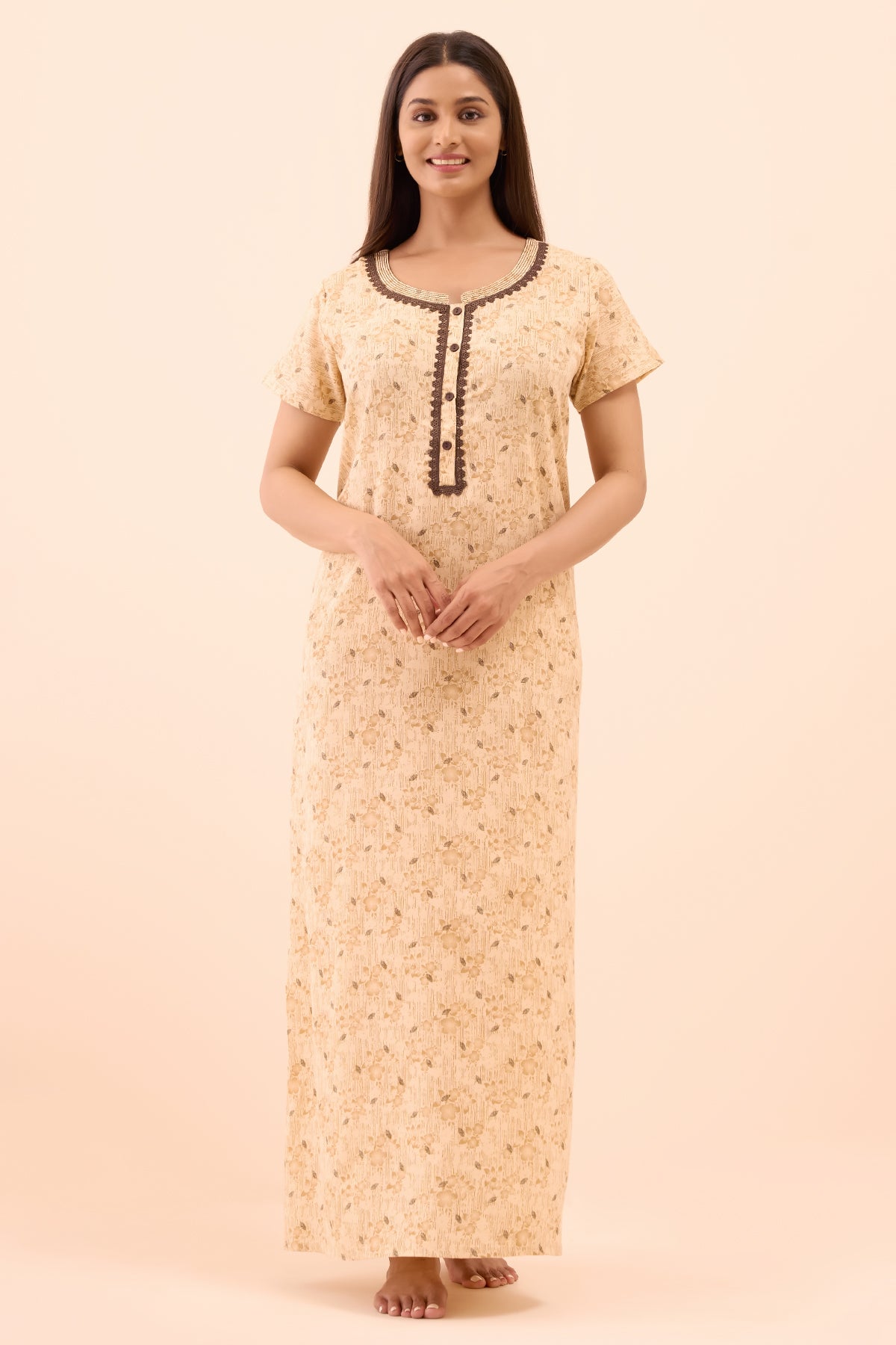 Floral Printed Lace Embellished Nighty - Beige