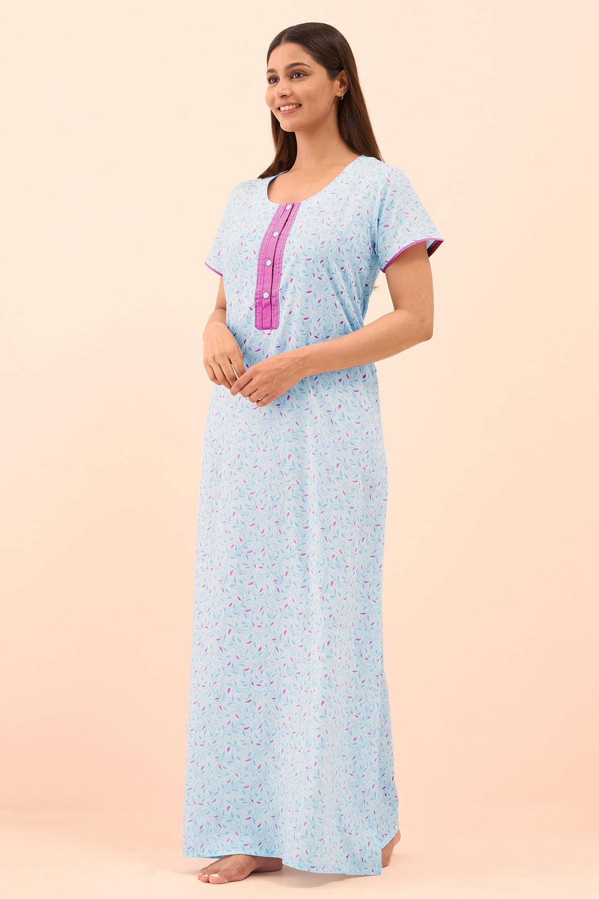 Floral Printed Nighty - Blue