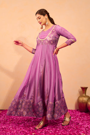Floral Printed Anarkali with Back Tie-up - Purple