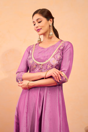 Floral Printed Anarkali with Back Tie-up - Purple