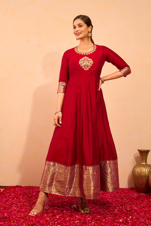 Bird Motif Embroidered Anarkali - Red