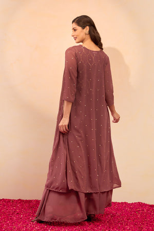 Sequence Embellished Skirtset with Overcoat - Light Brown