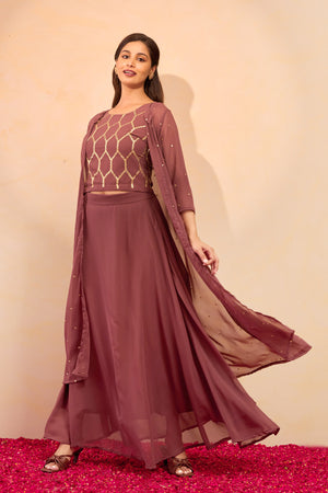 Sequence Embellished Skirtset with Overcoat - Light Brown