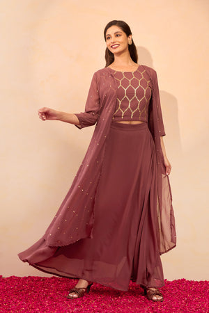 Sequence Embellished Skirtset with Overcoat - Light Brown