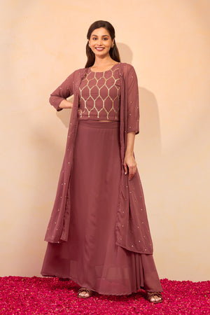 Sequence Embellished Skirtset with Overcoat - Light Brown