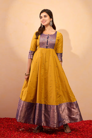 Printed Anarkali with Zari Border - Mustard