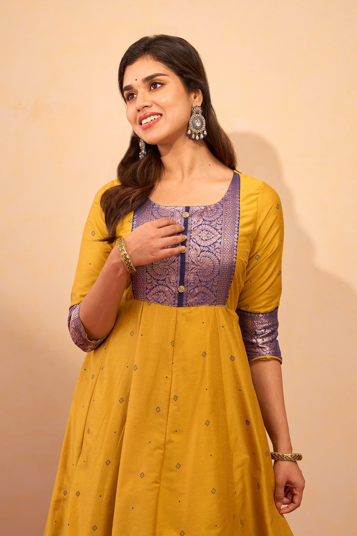 Printed Anarkali with Zari Border - Mustard