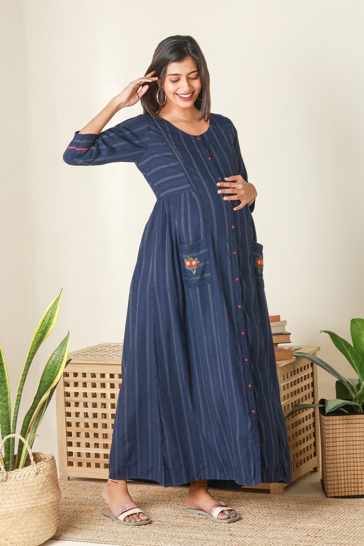 Textured Striped Maternity Dress with pockets Navy Blue