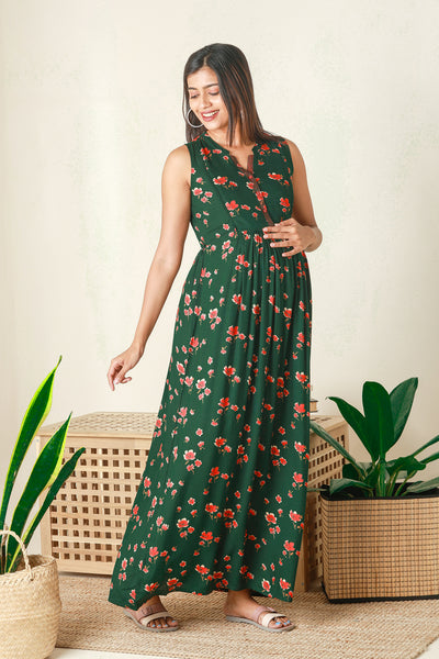 Contemporary Floral Printed Maternity Dress Green