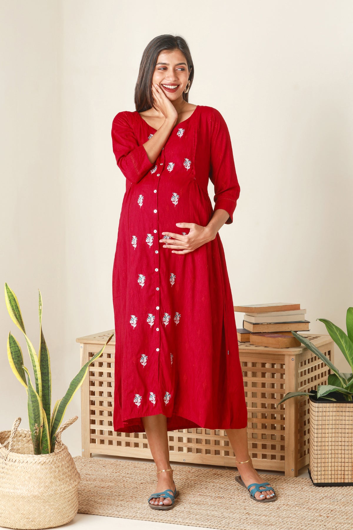 Floral Embroidered Maternity Kurta Red