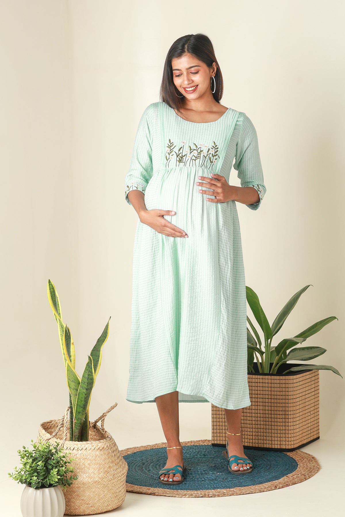 Stripes Patterned Maternity Kurta with Delicate Floral Embroidery Blue