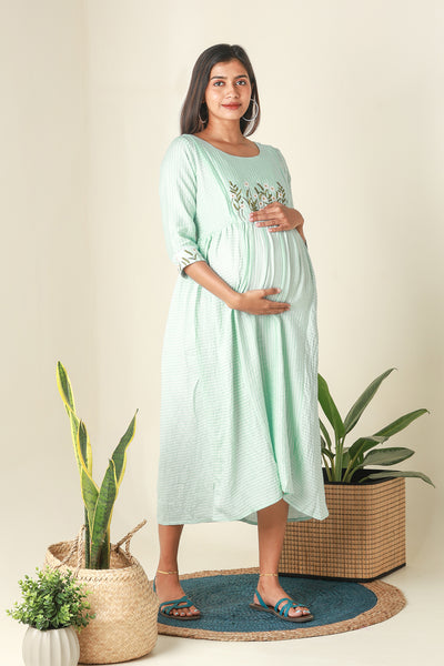 Stripes Patterned Maternity Kurta with Delicate Floral Embroidery Blue