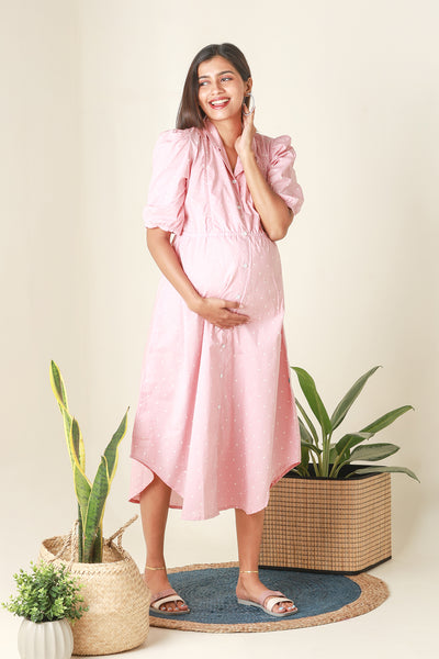 Polka Dots Printed Collared Maternity Kurta Pink