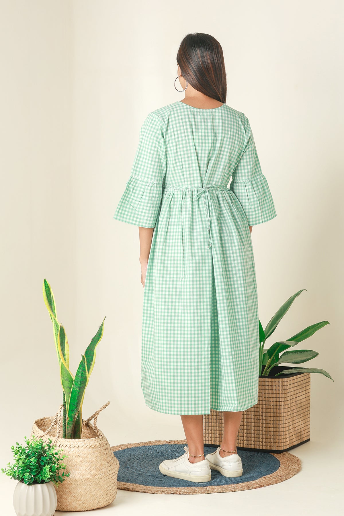 Plaid A-Line Kurta with Floral Embroidery - Green