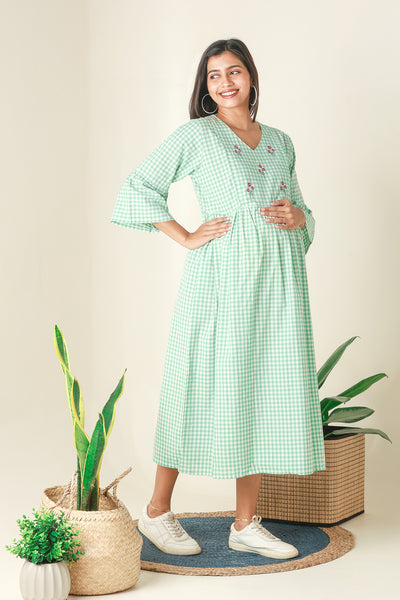 Plaid A Line Kurta with Floral Embroidery Green