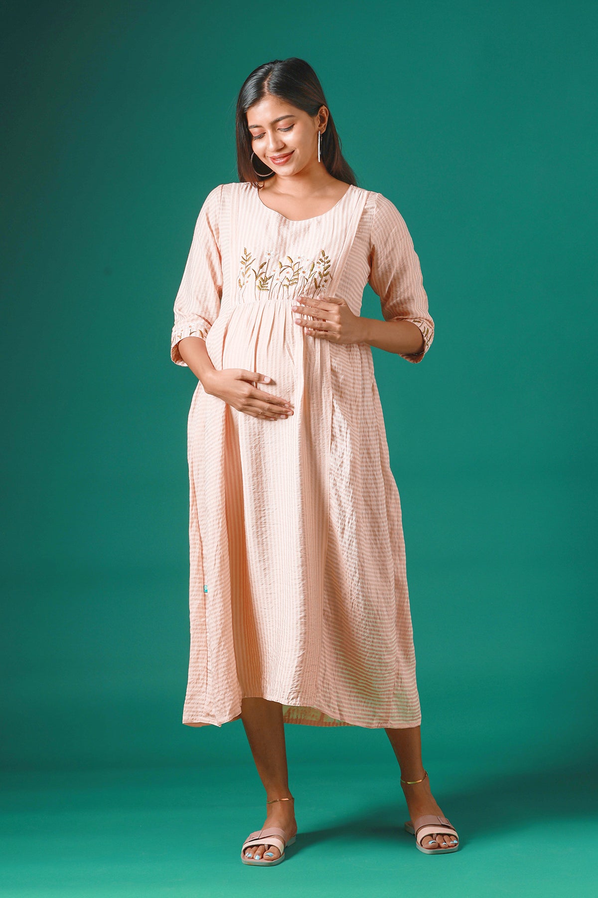Stripes Patterned Maternity Kurta with delicate floral embroidery - Peach