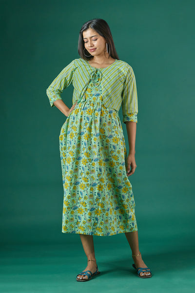 Floral Printed Maternity Kurta with Striped Jacket Green