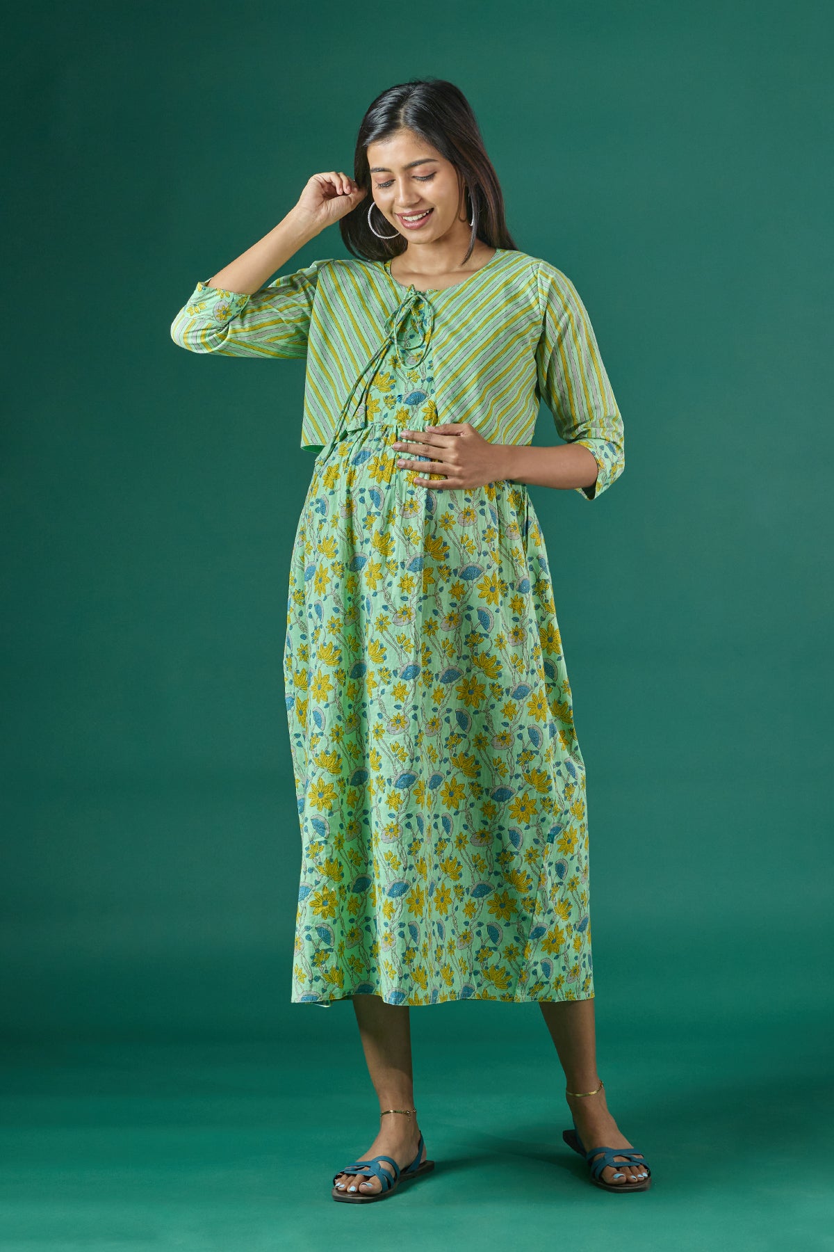Floral Printed Maternity Kurta with Striped Jacket Green
