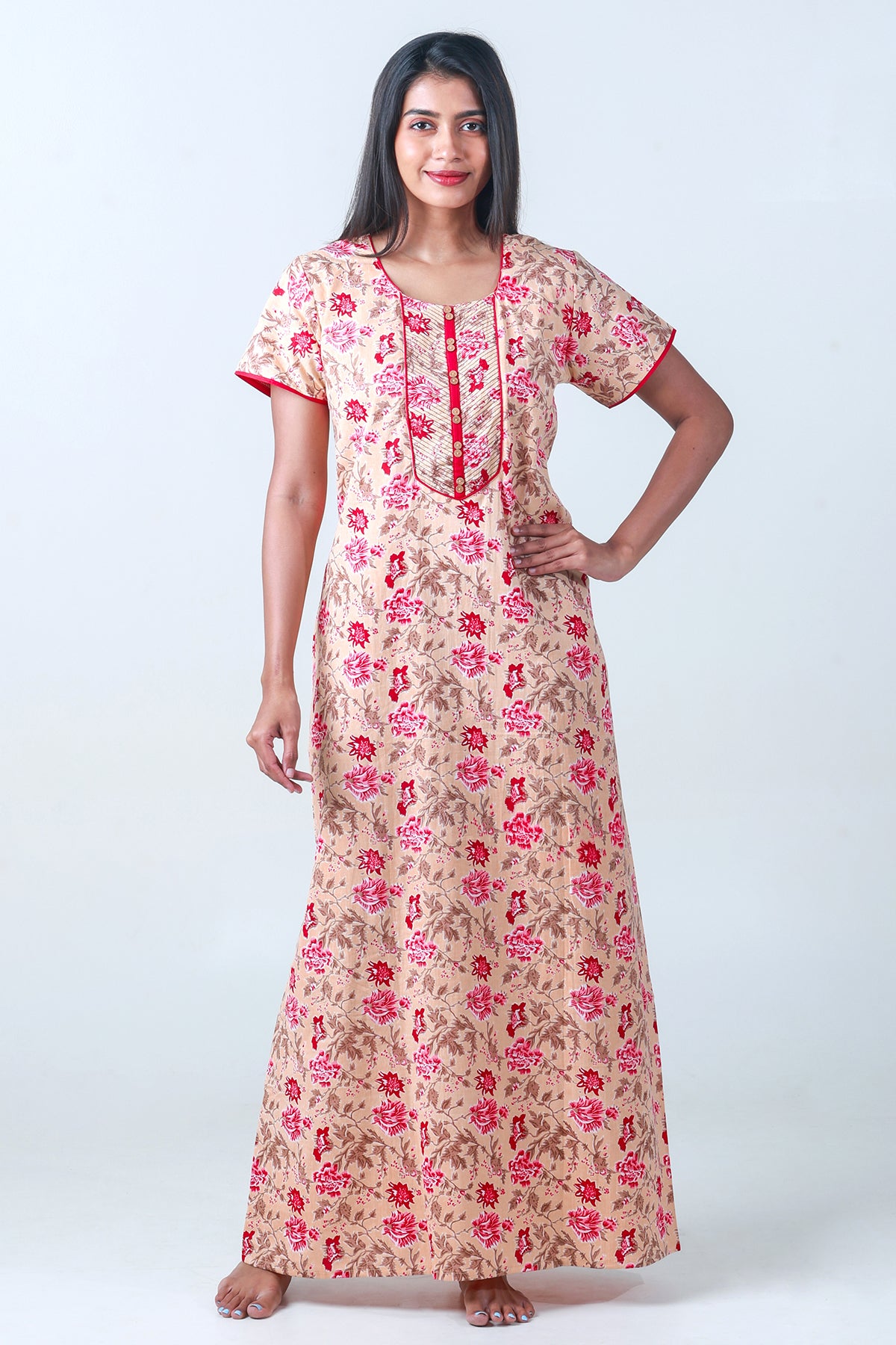 Contrast Floral Printed Nighty with Embroidered Yoke - Beige