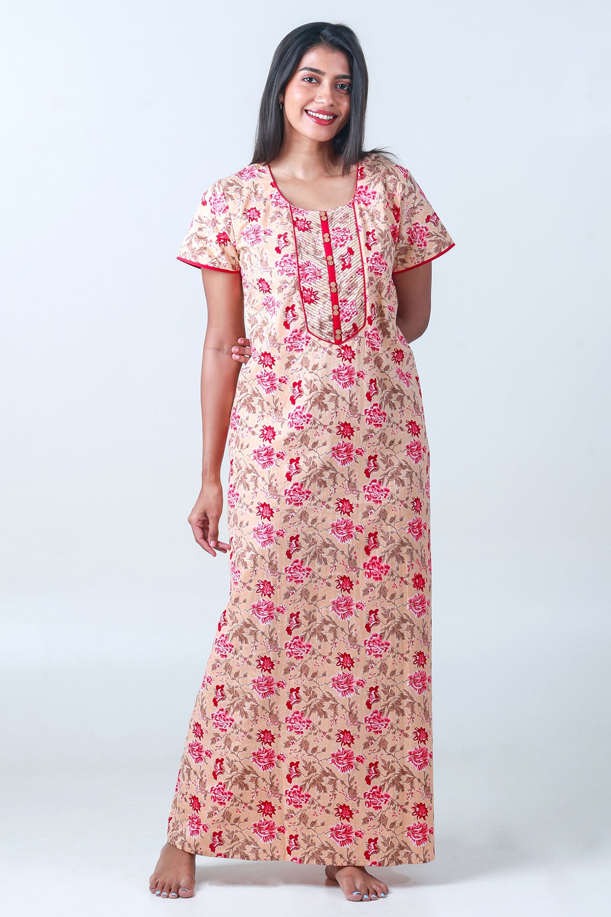 Contrast Floral Printed Nighty with Embroidered Yoke - Beige
