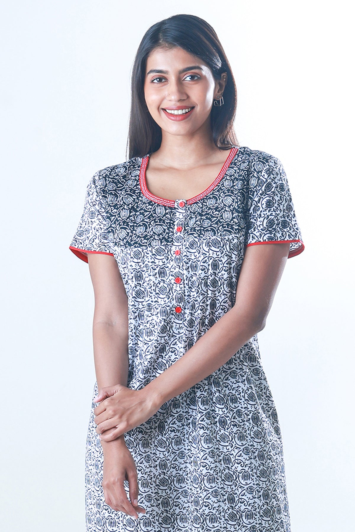 Floral Printed Monochrome Nighty with Contrast Yoke - White