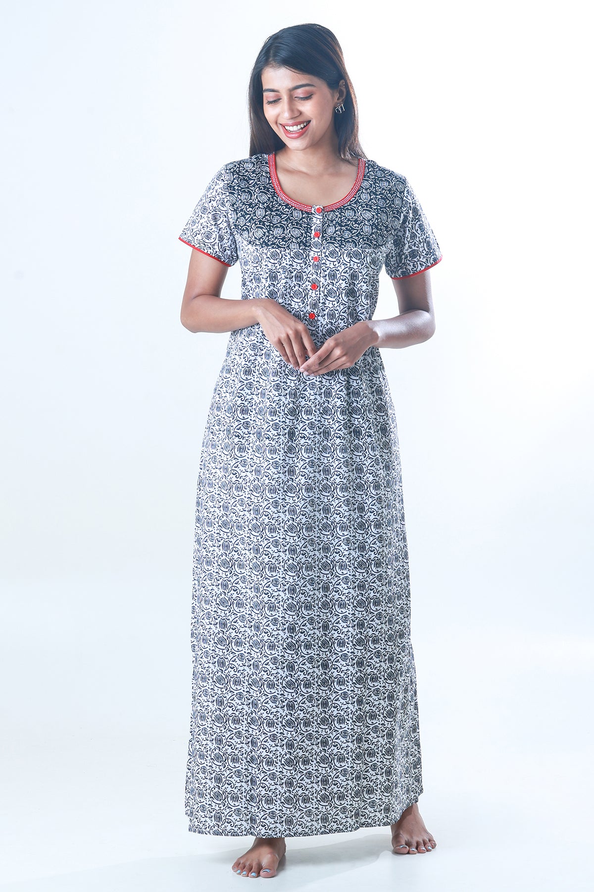 Floral Printed Monochrome Nighty with Contrast Yoke - White