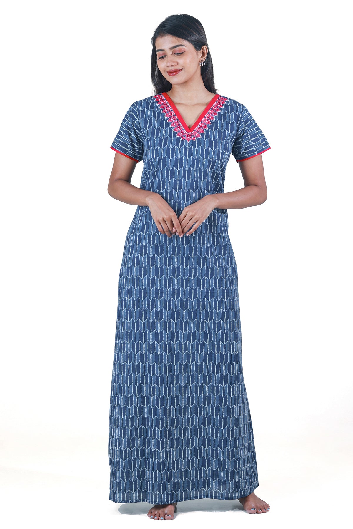 Indigo Printed Nighty with Embroidered Neckline Blue