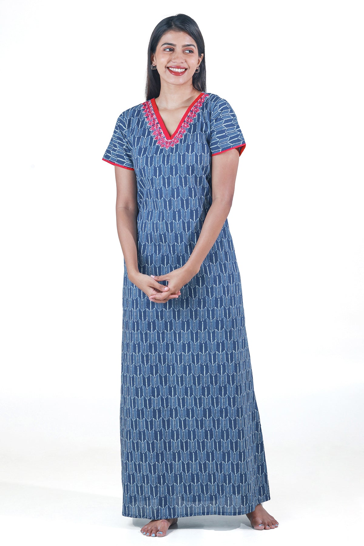 Indigo Printed Nighty with Embroidered Neckline Blue