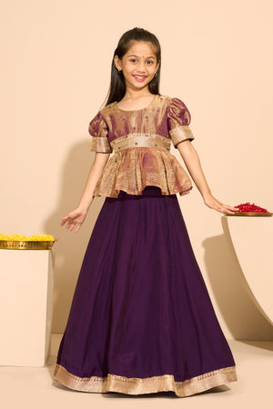 Foil Mirror Embellished Peplum Kids Skirtset with Zari Skirt - Gold & Purple