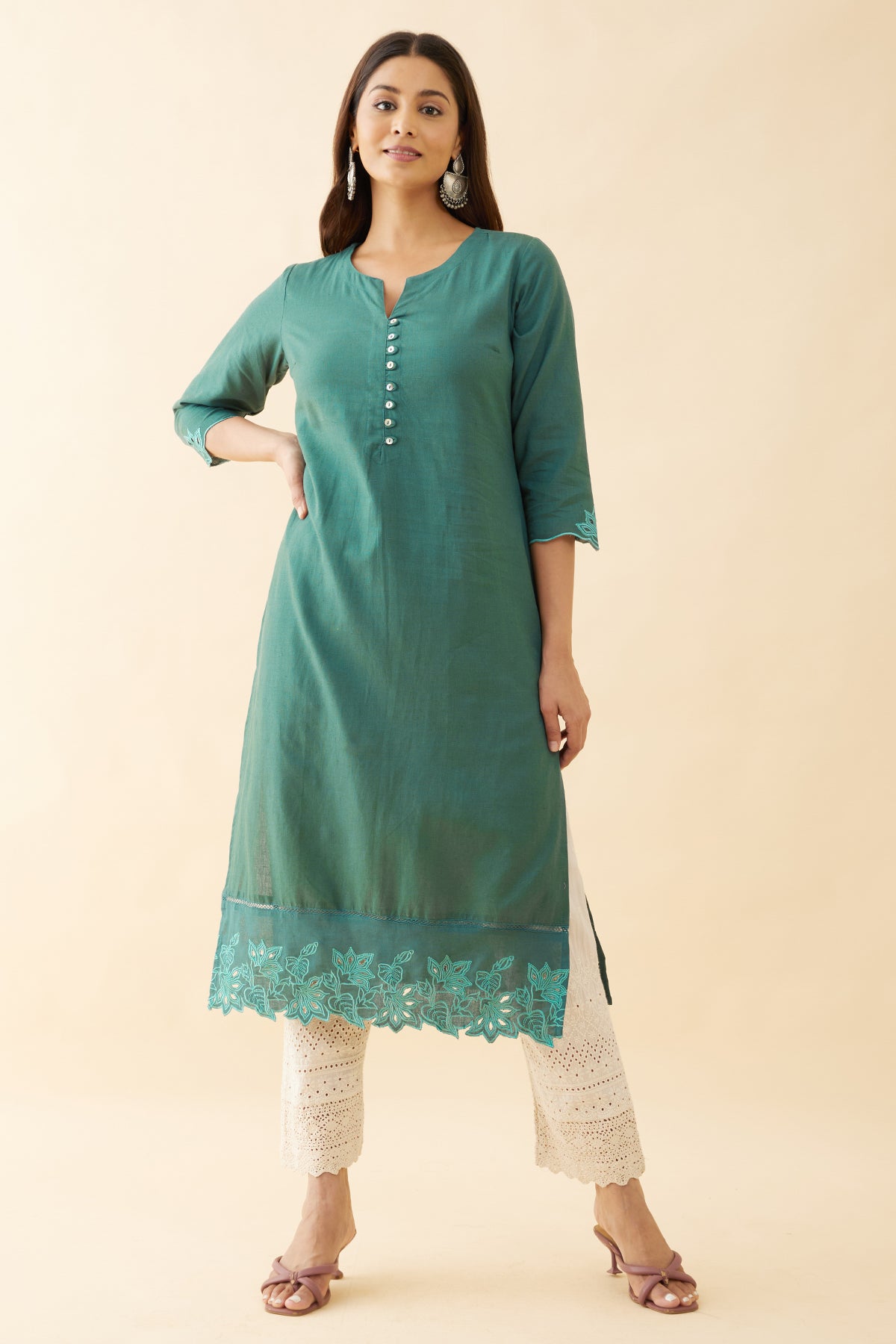 Floral Cut Work Kurta - Green