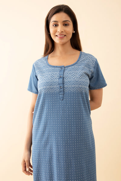 All Over Floral Printed Nighty With Geometric Motif Yoke Blue