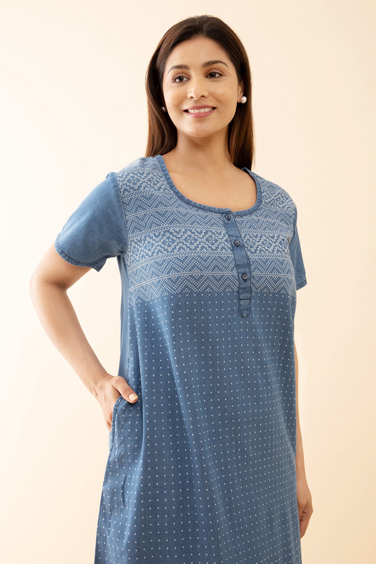 All Over Floral Printed Nighty With Geometric Motif Yoke Blue