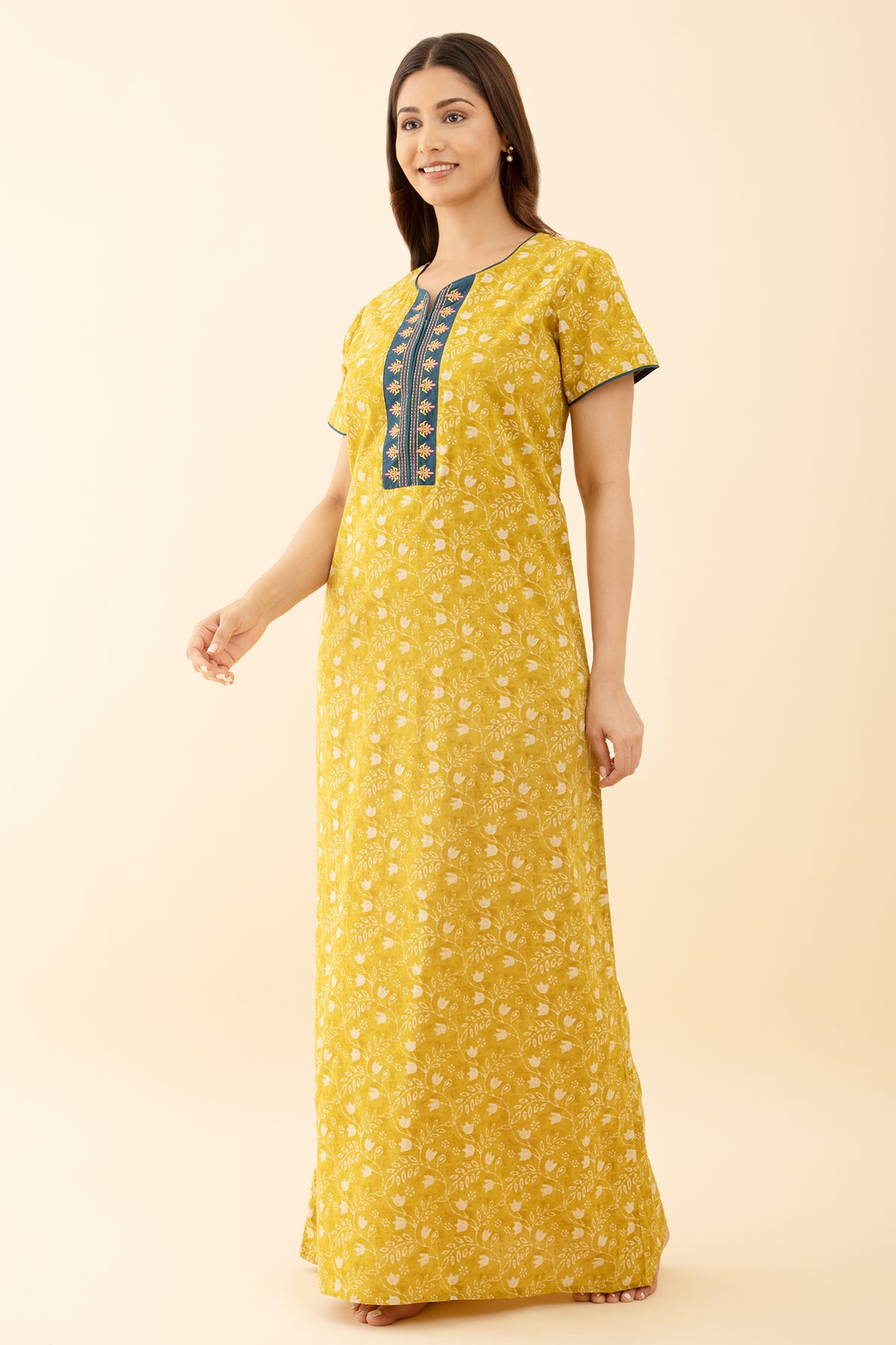 Floral Embroidered Nighty Yellow