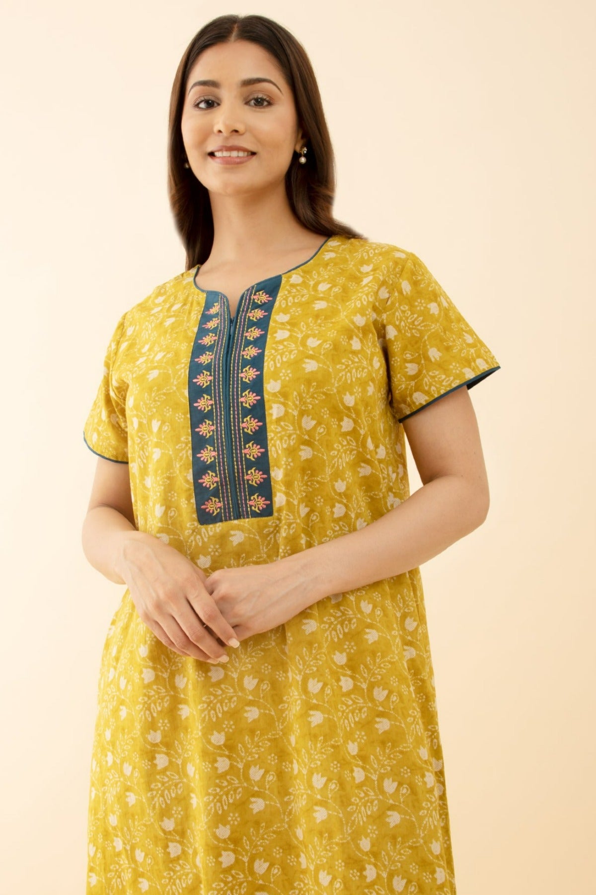 Floral Embroidered Nighty Yellow